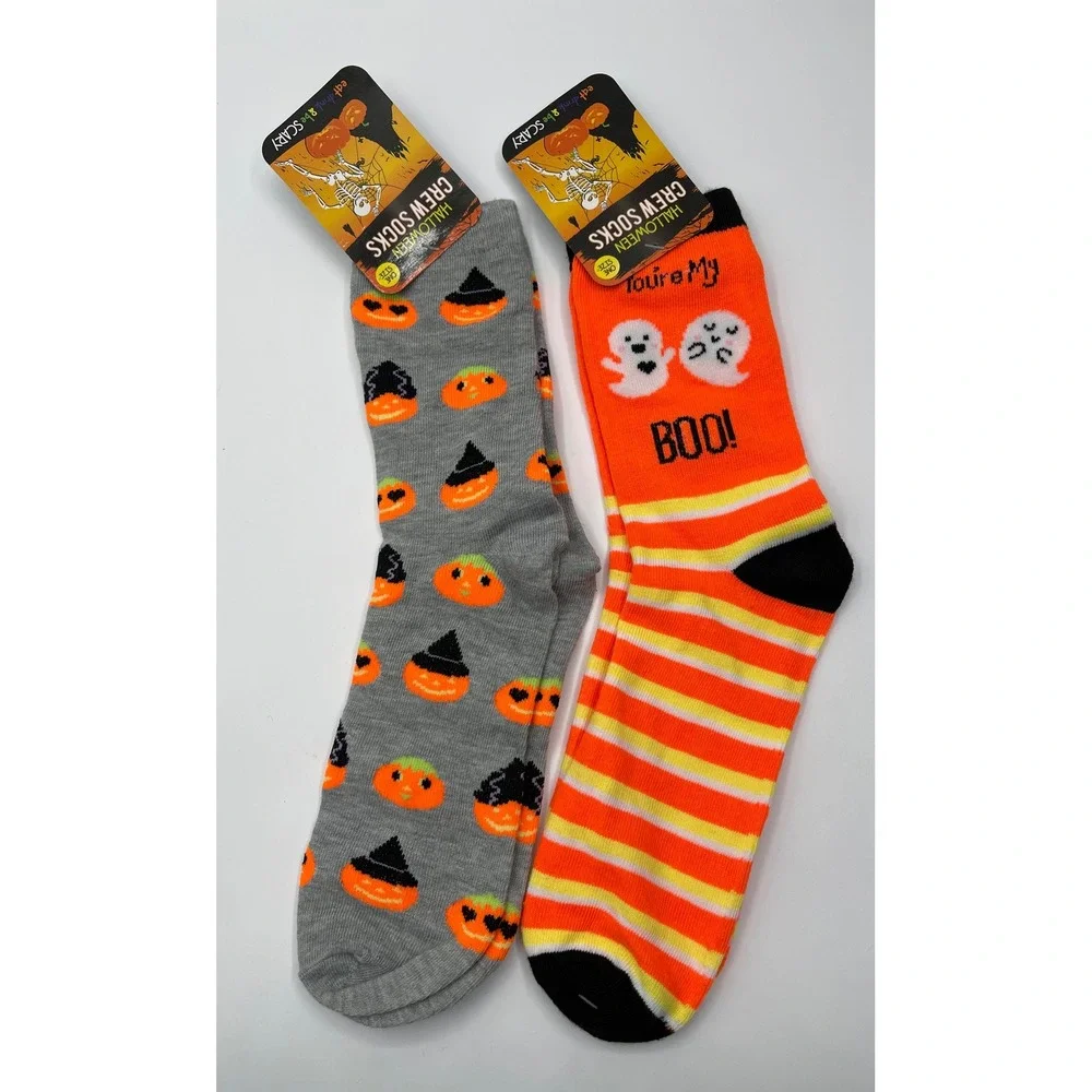 Eat Drink Be Scary Halloween Crew Socks 2 Pair Bundle Ghost Pumpkin Orange Grey